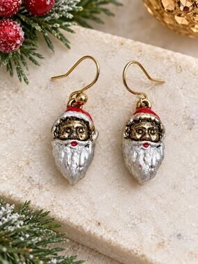 SC Hand Painted Enamel Santa Dangle Earrings Gold White Christmas Holiday
